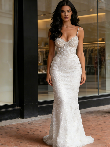 Spaghetti Straps Sparkle Sequin Trumpet Mermaid Wedding Dress