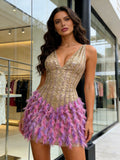 Short Mini Sequin Purple V Neck Feather Homecoming Dress