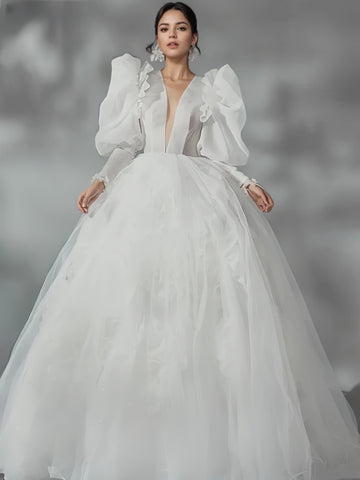 Long Sleeve Tulle Flower V Neck Ball Gown Wedding Dress