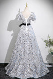 Sequin A Line V Neck Belt Silver Prom Dress