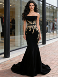 Trumpet Mermaid Appliques Black Vevelt Strapless Prom Dress