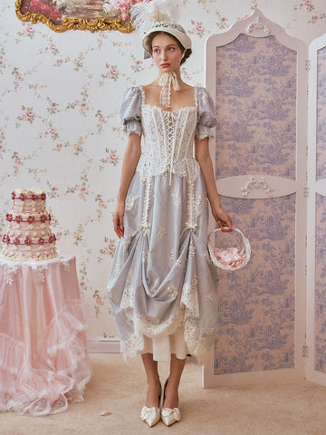 Lace Up Blue A Line Short Sleeve Vintage Prom Dress