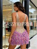 Short Mini Sequin Purple V Neck Feather Homecoming Dress