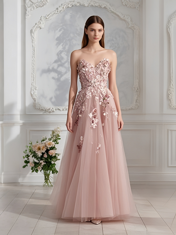 A Line Pink Tulle Flower Sweetheart Appliques Prom Dress