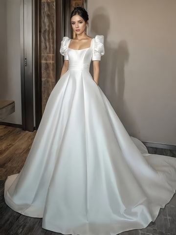 Satin A Line Sweetheart Short Sleeve Wedding Dress With Pockets