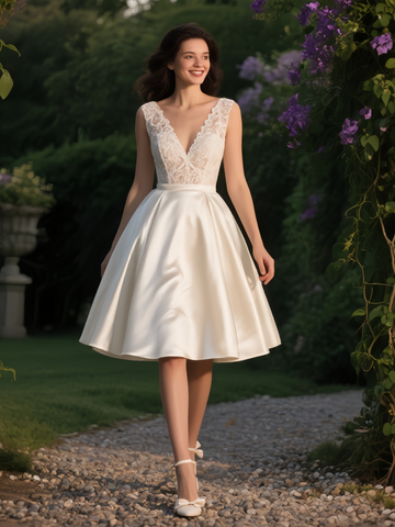 Lace Short Mini Satin V Neck Wedding Dress