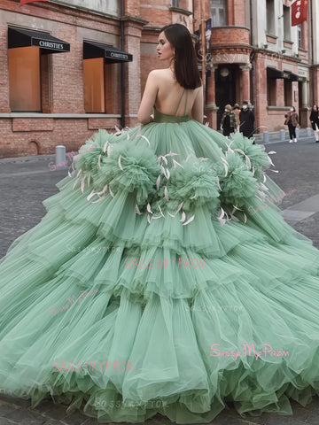 green tulle layered dress Pine Green Dress with Layered Side Slit Tulle L