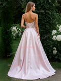 Pearl Pink Satin Spaghetti Straps A Line Prom Dress