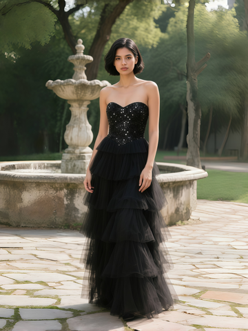 Black Sequin Sweetheart A Line Ruffles Prom Dress