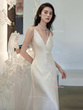 Trumpet Mermaid Backless V Neck Satin Wedding Dress