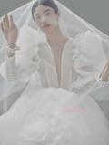 Long Sleeve Tulle Flower V Neck Ball Gown Wedding Dress