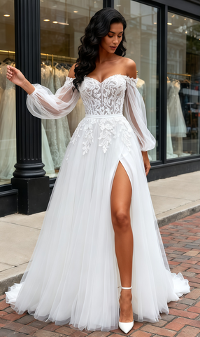 Long Sleeve A Line Appliques Off The Shoulder Wedding Dress With Slit