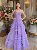 Lavender Tulle A Line Spaghetti Straps Sheer Prom Dress