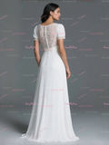 V Neck Chiffon A Line Short Sleeve Wedding Dress