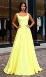 A Line Floor Length Satin Yellow Straps Prom Dress