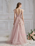 Appliques A Line Pink Tulle Off The Shoulder Flower Prom Dress