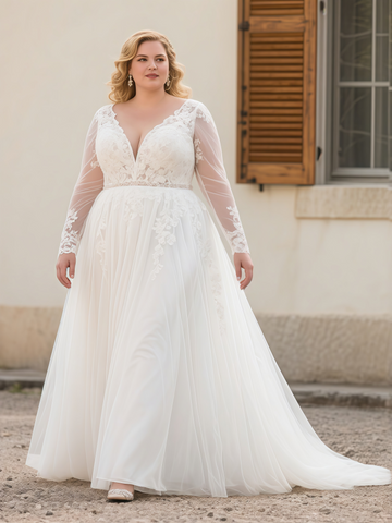 V Neck Beading Plus Size Long Sleeve Wedding Dress