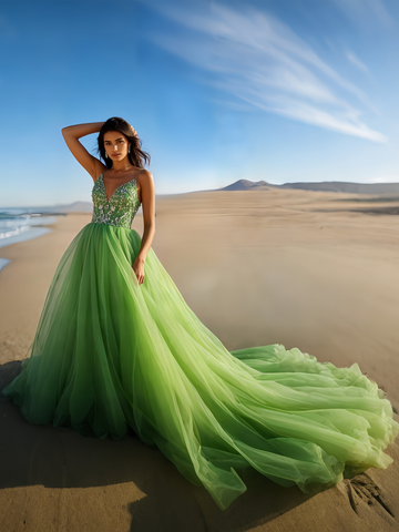 Crystal Tulle Green Spaghetti Straps Prom Dress