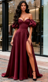 Off The Shoulder Satin A Line Burgundy Prom Dress With Slit