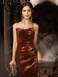 Sequin Sheath Column Coffee Strapless Prom Dress