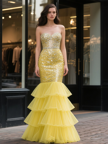 Yellow Beading Sequin Trumpet Mermaid Ruffles Prom Dress