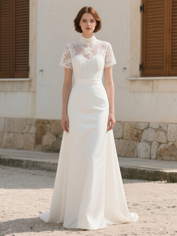High Sleeve Satin Lace Short Sleeve Wedding Dress With Sash
