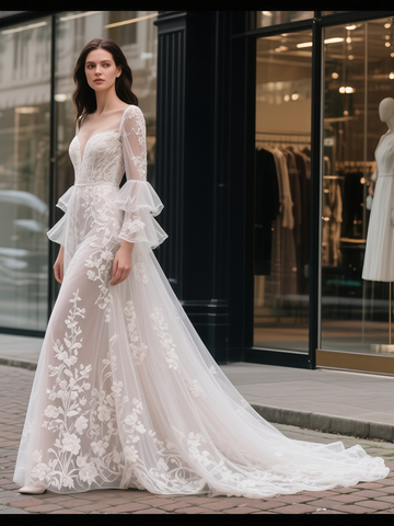 Long Sleeve Appliques V Neck Princess Wedding Dress