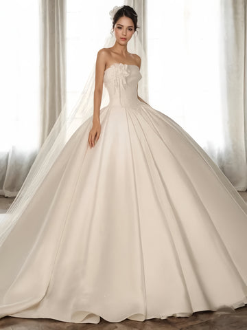 Flowers Ball Gown White Satin Strapless Wedding Dress