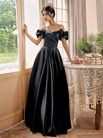 Black Satin A Line Off The Shoulder Prom Dress