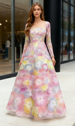 Square A Line Beading Tulle Colorful Long Sleeve Prom Dress