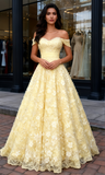 Off The Shoulder Floral Yellow A Line Tulle Prom Dress