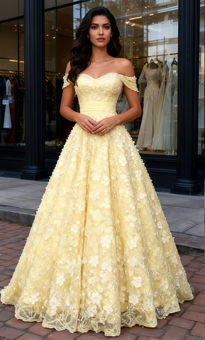 Off The Shoulder Floral Yellow A Line Tulle Prom Dress