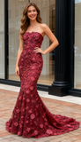 Flower Strapless Trumpet Mermaid Red Lace Beading Prom Dress