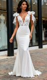 V Neck Trumpet Mermaid Satin Tie Shoulder Wedding Dress