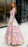 Square A Line Beading Tulle Colorful Long Sleeve Prom Dress