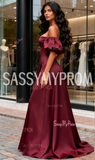 Off The Shoulder Satin A Line Burgundy Prom Dress With Slit