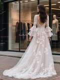 Long Sleeve Appliques V Neck Princess Wedding Dress