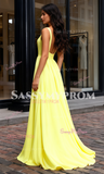 A Line Floor Length Satin Yellow Straps Prom Dress