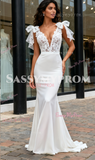 V Neck Trumpet Mermaid Satin Tie Shoulder Wedding Dress
