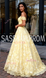 Off The Shoulder Floral Yellow A Line Tulle Prom Dress