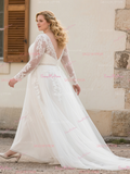 V Neck Beading Plus Size Long Sleeve Wedding Dress