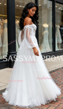 Long Sleeve A Line Appliques Off The Shoulder Wedding Dress With Slit