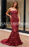 Flower Strapless Trumpet Mermaid Red Lace Beading Prom Dress