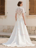 High Sleeve Satin Lace Short Sleeve Wedding Dress With Sash
