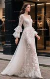 Long Sleeve Appliques V Neck Princess Wedding Dress