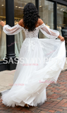 Long Sleeve A Line Appliques Off The Shoulder Wedding Dress With Slit