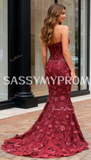 Flower Strapless Trumpet Mermaid Red Lace Beading Prom Dress