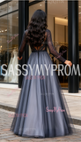 A Line Long Sleeve Simple Gray Tulle Prom Dress