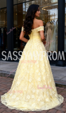 Off The Shoulder Floral Yellow A Line Tulle Prom Dress