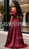Off The Shoulder Satin A Line Burgundy Prom Dress With Slit